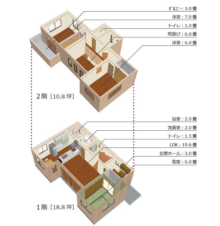 plan A 延床面積:29.6坪　吹抜け:3.0坪　バルコニー:1.5坪